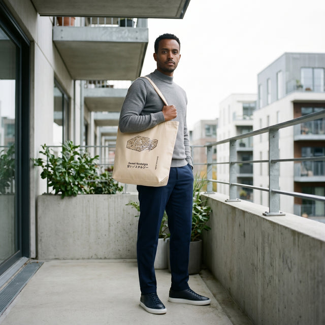 Man holding a beige tote bag on a balcony with urban buildings in the background