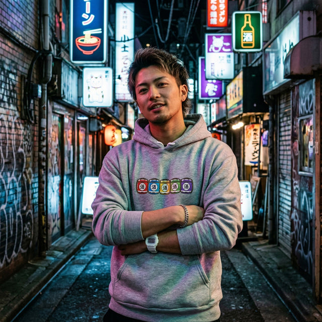 Man standing in a neon-lit alleyway with colorful signs