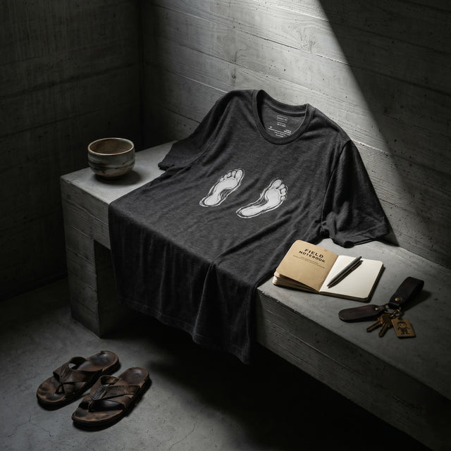 Dark t-shirt with footprints on a table in a dimly lit room
