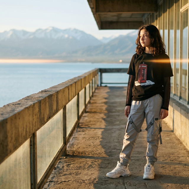 Person standing on a wooden walkway by a body of water with mountains in the background