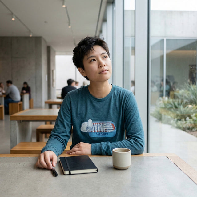 Person sitting at a table with a notebook and mug in a modern indoor setting
