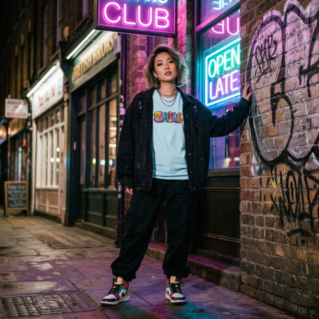 Person standing on a street with neon signs and graffiti in the background