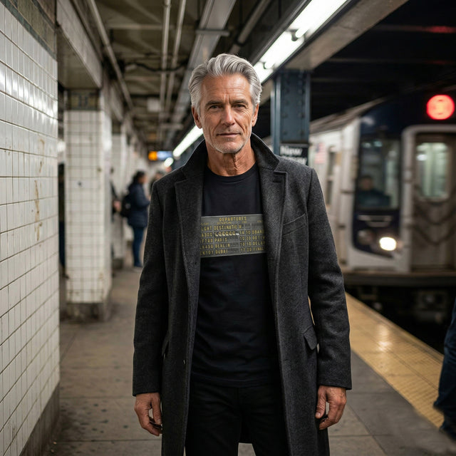 Man standing in a subway station wearing a dark coat and black shirt.