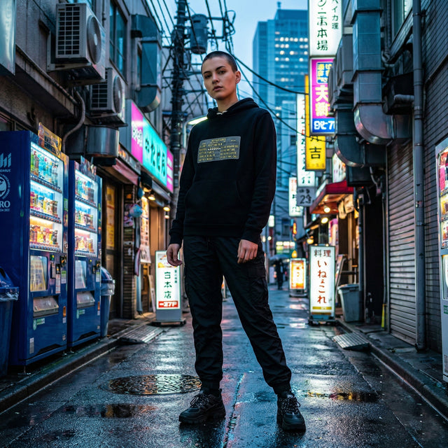 Person wearing a black hoodie and pants standing in a neon-lit urban alleyway.
