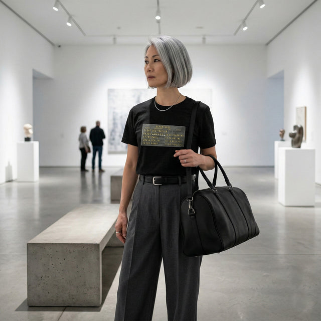 Woman in a black t-shirt and gray pants holding a black duffel bag in an art gallery.