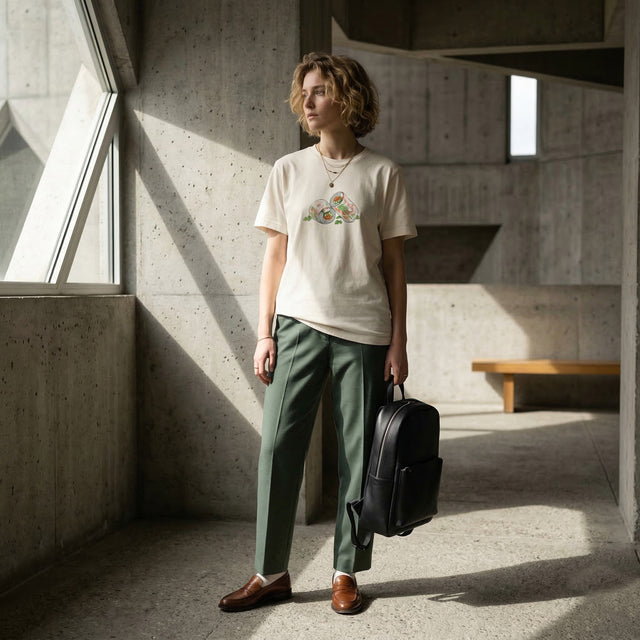 Person wearing a white t-shirt with a design, green pants, and holding a black backpack in a modern concrete building.