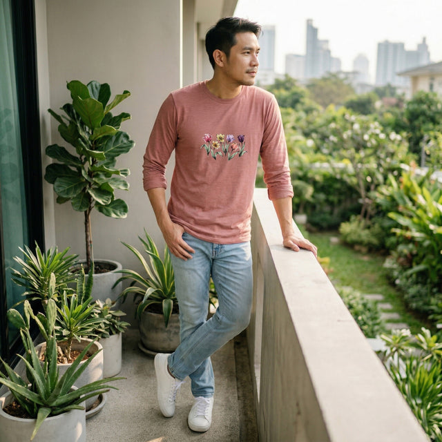 A 30s Thai man wearing the terracotta long-sleeve tulip graphic tee in a relaxed, casual outfit on a sunlit apartment balcony in Bangkok.