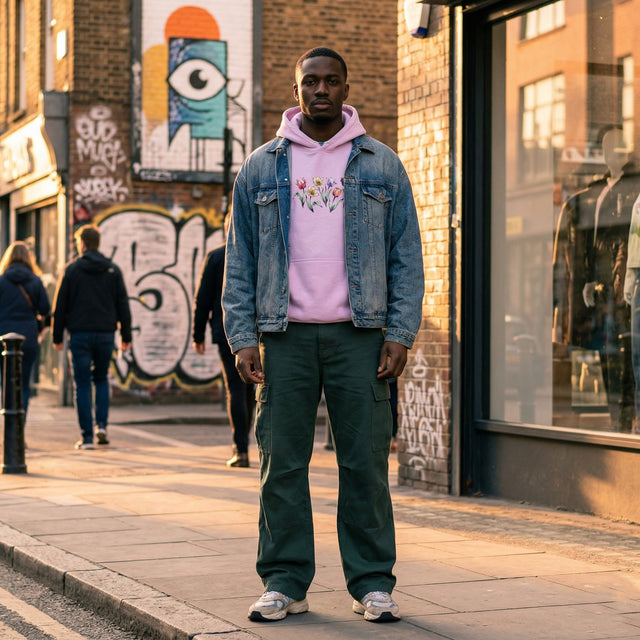 A young Nigerian-British man wearing a lilac ICHINICHI tulip graphic hoodie in a stylish streetwear outfit, captured during golden hour in the urban setting of Shoreditch, London.