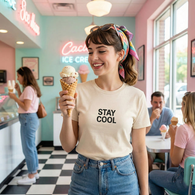 A light beige t-shirt with the black text "STAY COOL", worn by a young woman holding an ice cream cone in a vintage parlor.