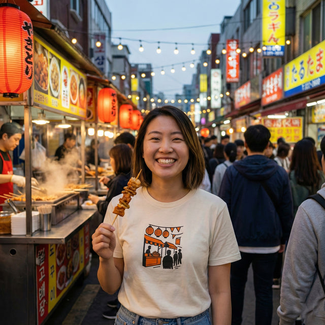 ICHINICHI cream t-shirt with orange night market illustration worn by a smiling woman in a busy Asian street food market at dusk.