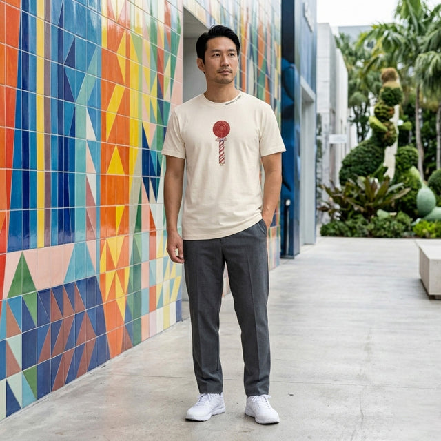 Man standing in front of a colorful geometric wall