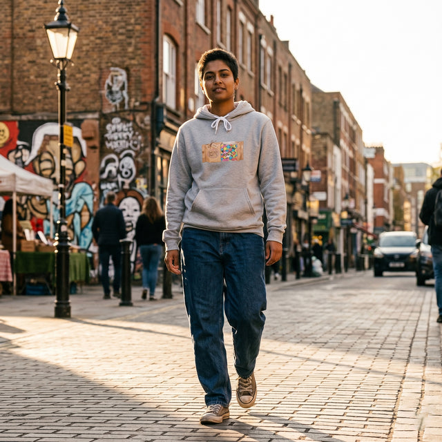 Person walking on a street with brick buildings and street art in the background