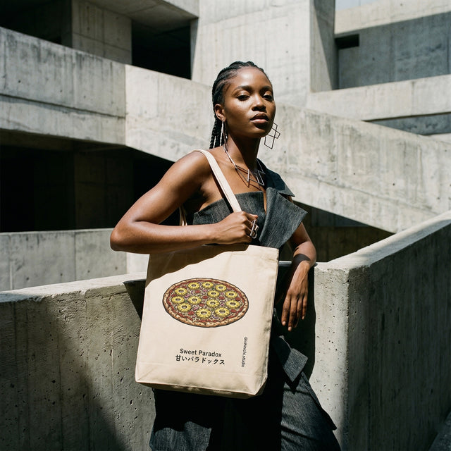 Woman holding a tote bag with a design in an urban setting