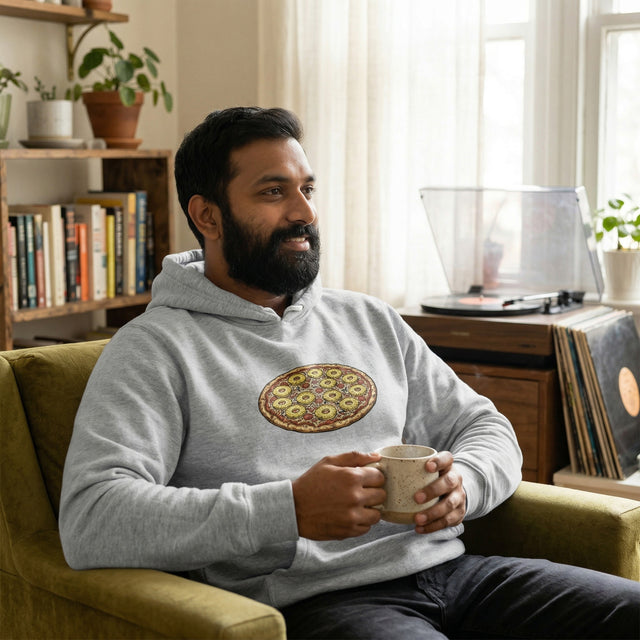 Man sitting in a cozy room holding a mug, wearing a hoodie with a pizza design.