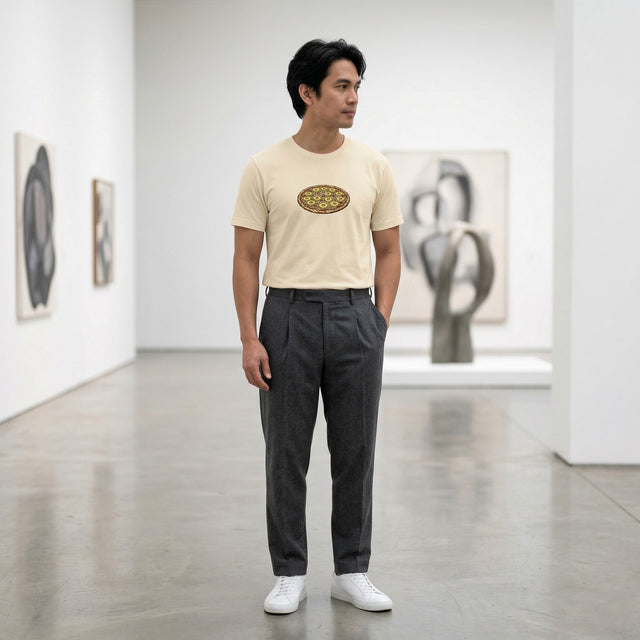 Man standing in an art gallery wearing a beige t-shirt with a logo and dark pants.