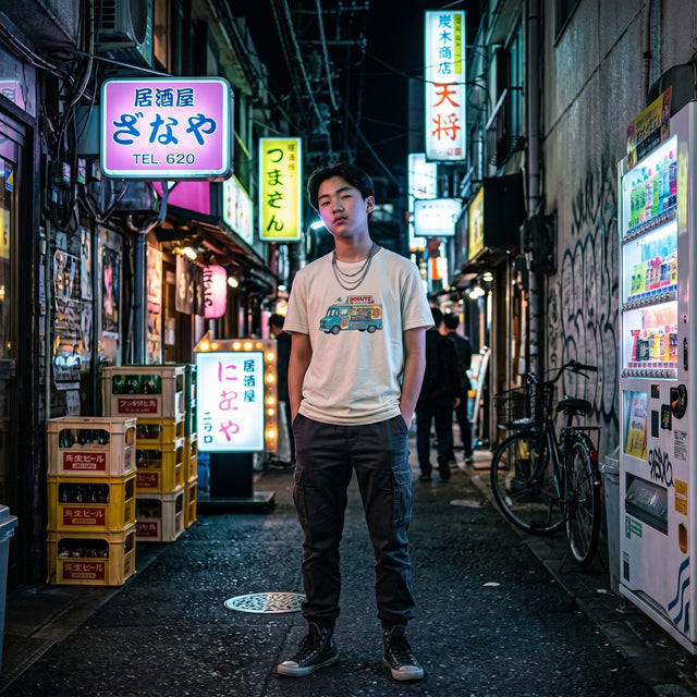 Man standing in a neon-lit alleyway with various signs and vending machines.