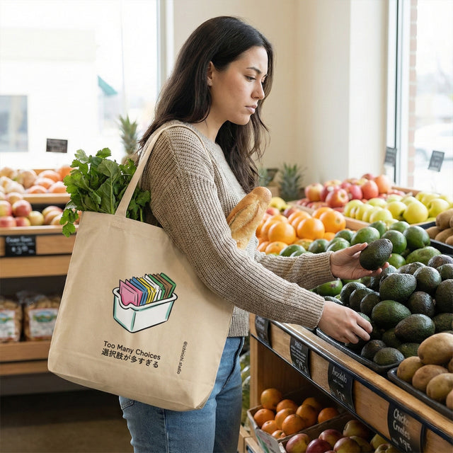 Woman shopping in a grocery store holding a tote bag with a design.