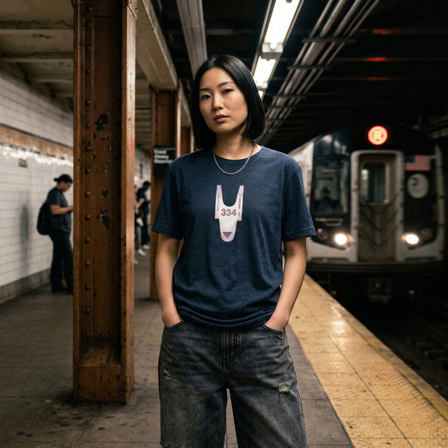 Person wearing a blue t-shirt with a graphic design in a subway station.