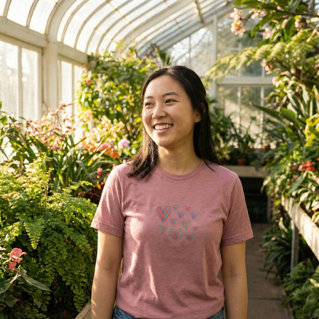 Womens pink heather t-shirt with colorful heart graphics, worn by a smiling Asian woman in a sunlit botanical greenhouse with various plants.