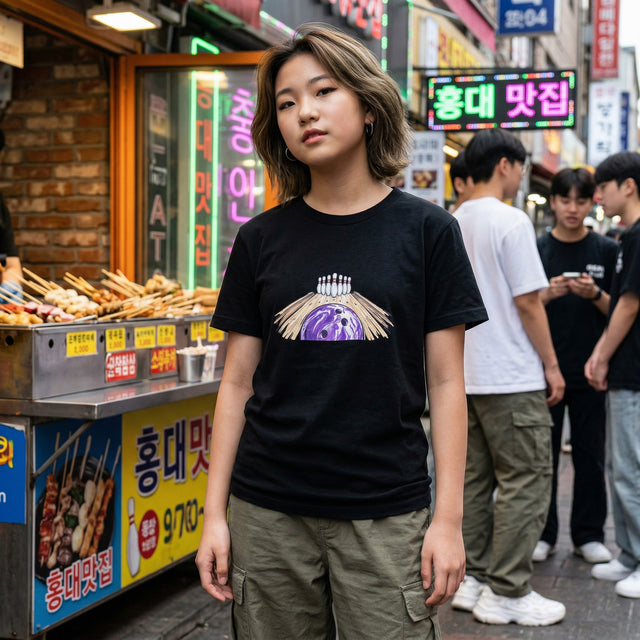 Woman wearing a black t-shirt with a graphic design in an urban street setting