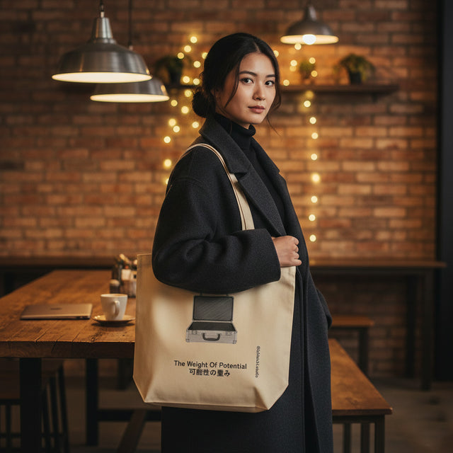 Woman holding a beige tote bag with a design in a cozy indoor setting