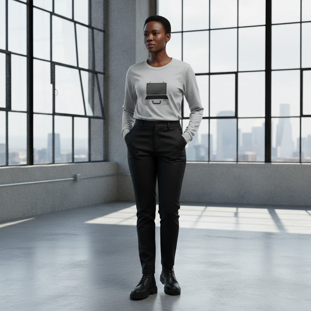 Person wearing a light gray long-sleeve shirt with a graphic design and black pants in a modern office setting.