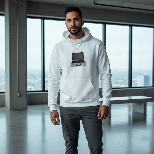 Man wearing a white hoodie with a graphic design in an indoor setting with large windows.