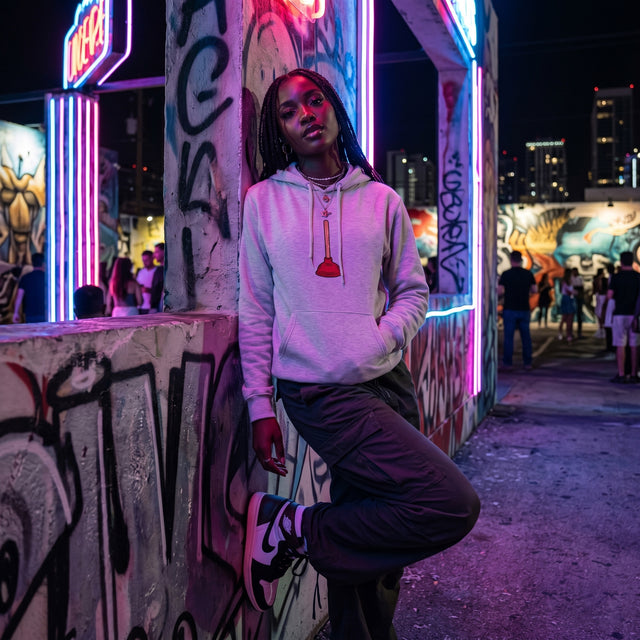 Person leaning against a graffiti-covered wall with neon lights in an urban setting