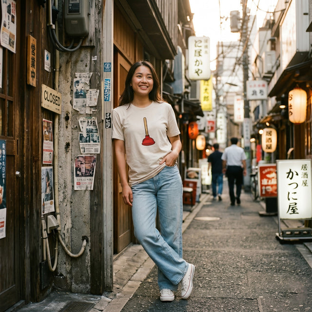 Woman standing in a narrow street with traditional Japanese signs and lanterns.