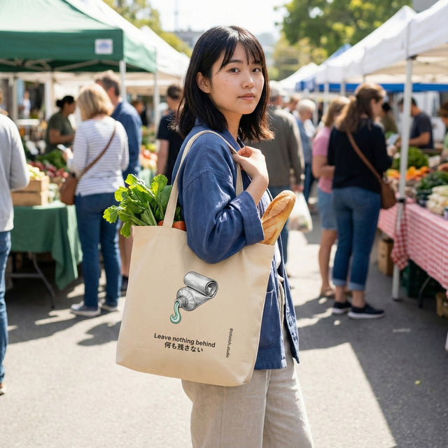 Woman at an outdoor market holding a reusable tote bag with groceries.