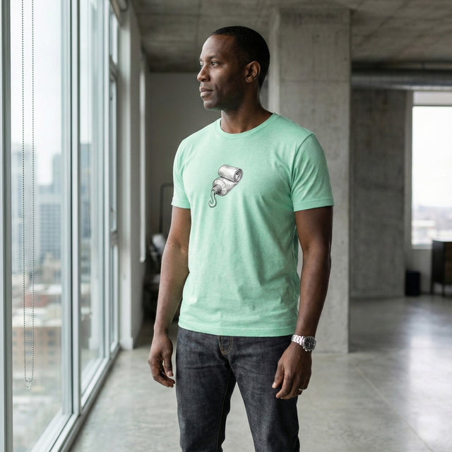 African American man wearing ICHINICHI unisex heather mint t-shirt with vintage toothpaste tube illustration, standing in a bright modern concrete loft.