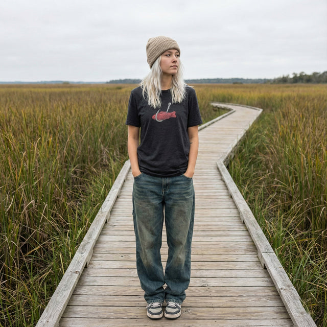 Dark grey heather t-shirt featuring a red Swedish Fish candy on a fishhook graphic, worn by a young woman on a wooden boardwalk in a wetland nature preserve.