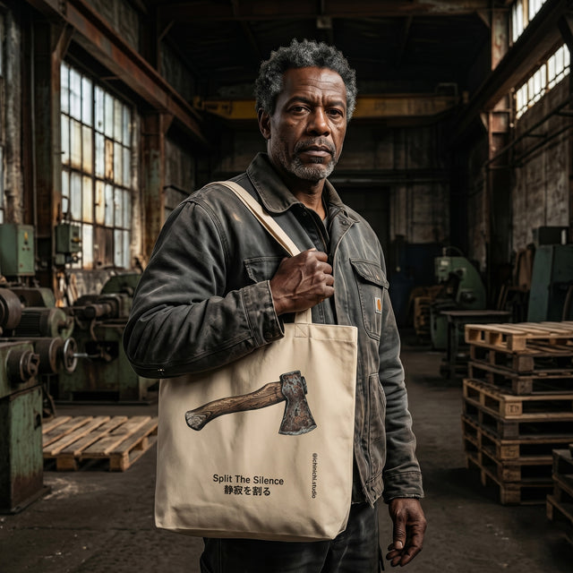 Man holding a tote bag with an axe design in an industrial setting