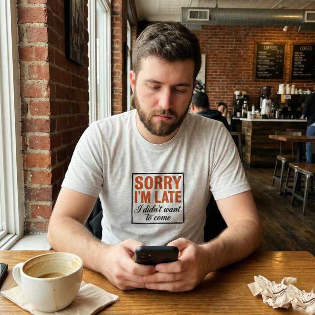 Man sitting at a table in a coffee shop looking at his phone, wearing a t-shirt with a humorous message.