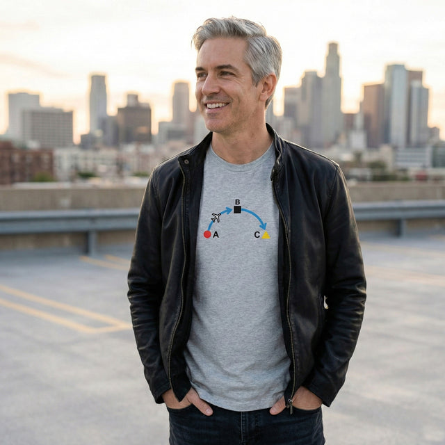 Unisex athletic heather grey t-shirt featuring a minimalist A-to-B-to-C flight path diagram, modeled by a man in a leather jacket against a city skyline background.