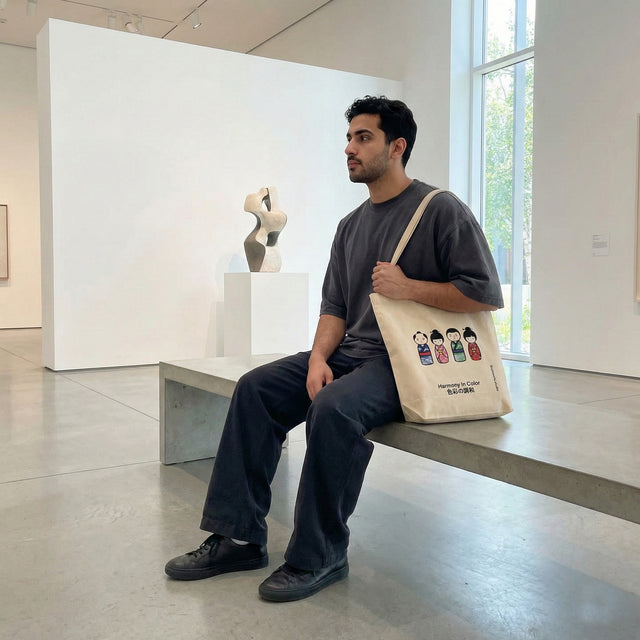 Man sitting in an art gallery holding a tote bag.
