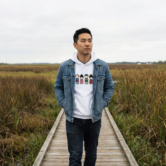 Man standing on a wooden path in a marshy area wearing a denim jacket and white hoodie with character designs.
