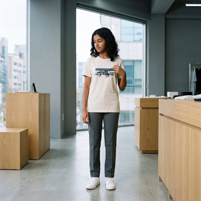 Person wearing a white t-shirt with a graphic design in an office setting