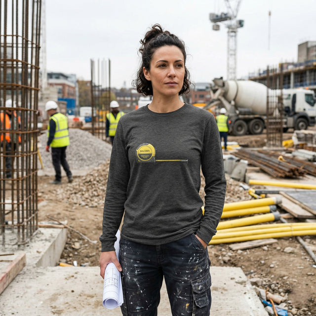 A British woman in her 30s with a modern urban look wears a charcoal grey long-sleeve Ichinichi t-shirt featuring a yellow tape measure graphic. She stands confidently on rough concrete at a London construction site under diffused daylight.