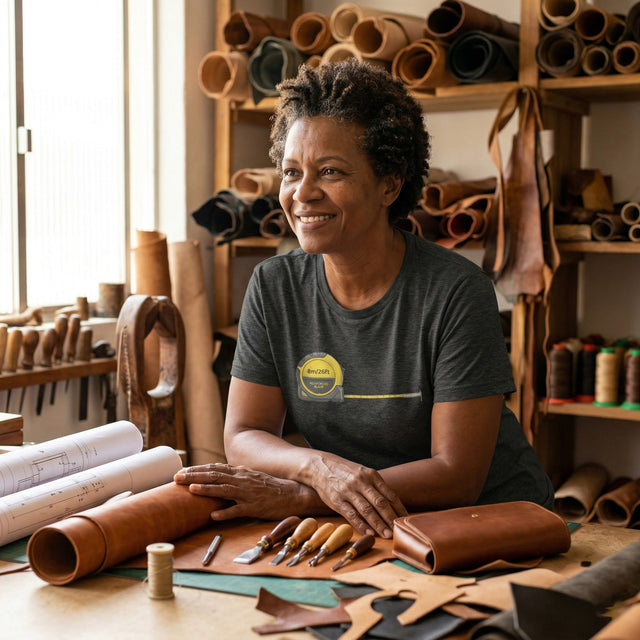 A close-up lifestyle photograph captures a 50s Afro-Brazilian woman leatherworker wearing a charcoal gray Ichinichi t-shirt with a detailed yellow tape measure graphic, leaning over a cluttered workbench in her workshop, with soft diffused daylight highlighting the scene.