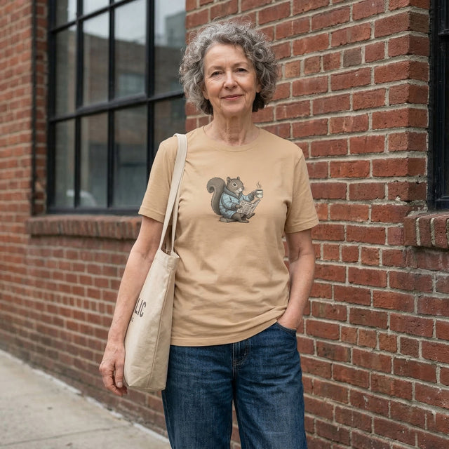 Woman wearing a beige t-shirt with a graphic design, standing against a brick wall.
