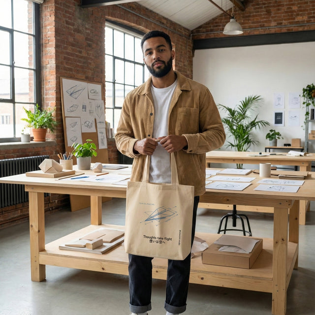 Beige canvas tote bag featuring a blue blueprint illustration of a paper airplane and "Thoughts take flight" text, held by a man in a sunlit converted warehouse studio.