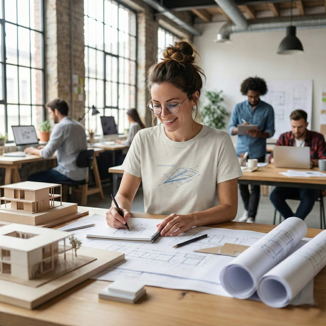 Silver t-shirt featuring a blue blueprint illustration of a paper airplane and "CONCEPT A - FLIGHT PATH" text, worn by a woman with glasses in a busy design co-working studio.