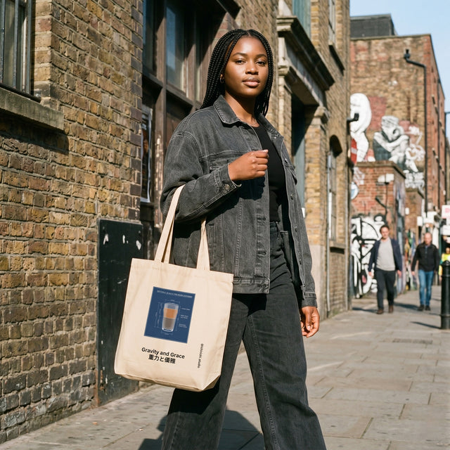 Woman walking down a street holding a tote bag with a brand logo.
