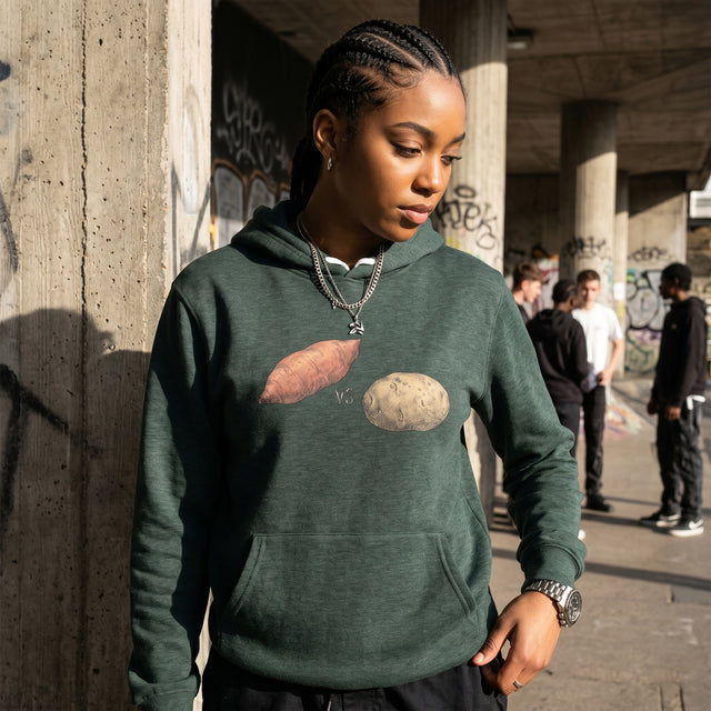 Person wearing a green hoodie with potato design in an urban setting