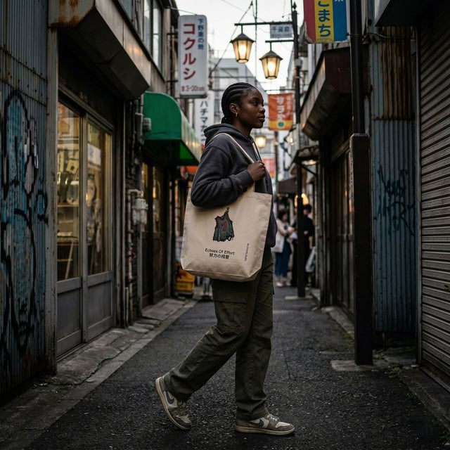 Person walking down a narrow alleyway in an urban setting with a tote bag.