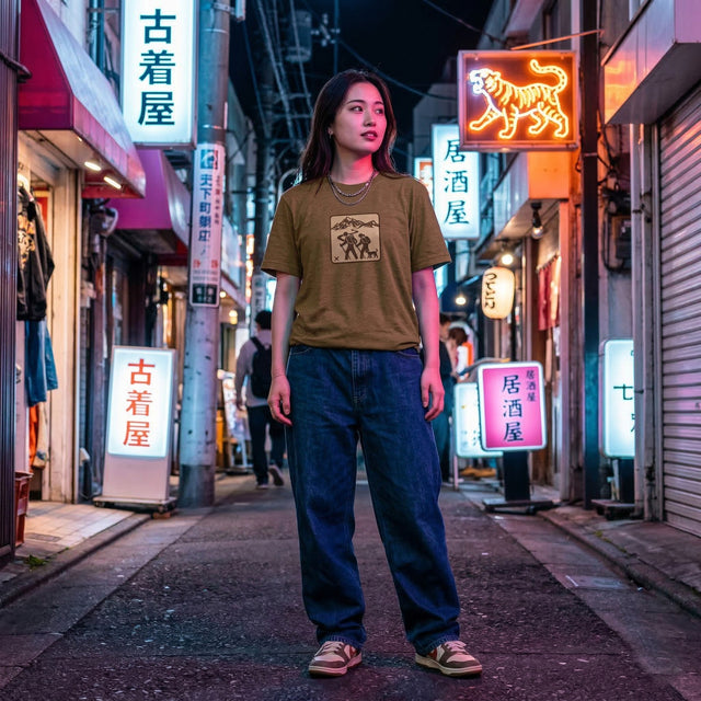 Person standing on a neon-lit street with various signs and a tiger logo.