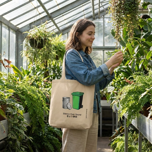 Young woman holding a beige canvas tote bag featuring a graphic of a silver trash can and green recycling bin, with the text "Silence Over Sound" and "音より静寂" below it, standing inside a sunlit botanical greenhouse.