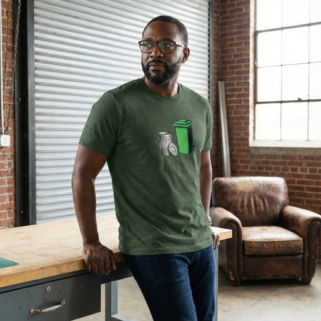 Man wearing a green t-shirt with a graphic design in an indoor setting