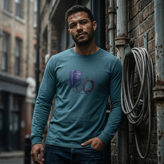 Man wearing a teal long-sleeve shirt with a logo, standing in an urban alleyway.